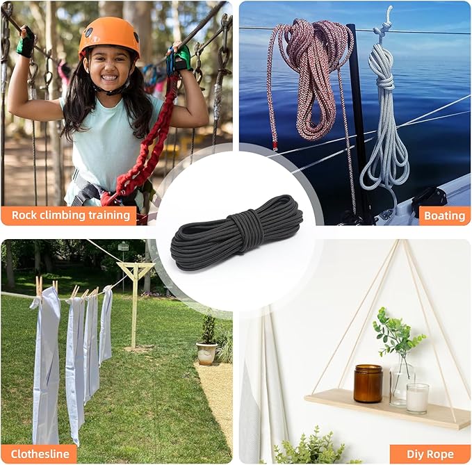 Nylon Rope, 1/4 inch 64FT Nylon Poly Rope Utility Cord Strong Polyester for Camping, Hiking, Clothesline, Tie, Flag Pole, Marine, Outdoor Swing (6mm Black)