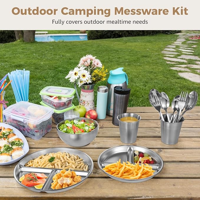 Stainless Steel Camping Mess Kit, 28 Pcs Outdoor Dinnerware Set with Plates Bowls Cups Forks Spoons, Hiking Backpacking Picnic Tableware