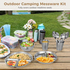 Stainless Steel Camping Mess Kit, 28 Pcs Outdoor Dinnerware Set with Plates Bowls Cups Forks Spoons, Hiking Backpacking Picnic Tableware