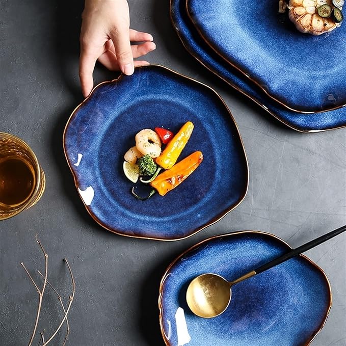 Camping Plates Creative Ceramic Dinner Plate Dark Blue Irregular Tablet Home Restaurant Western Plate Kitchen Decoration Tableware Decorative Plate(21.7 cm)