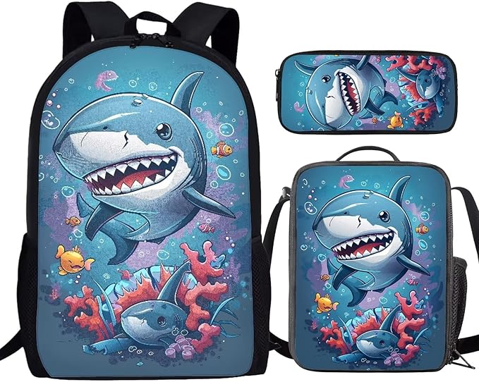 3PCS Cute Shark Fish Sea Print Blue School Bag, 17 Inch Laptop Bookbag Daypack Knapsack Rucksack Lunch Bags Pen Case for College Student