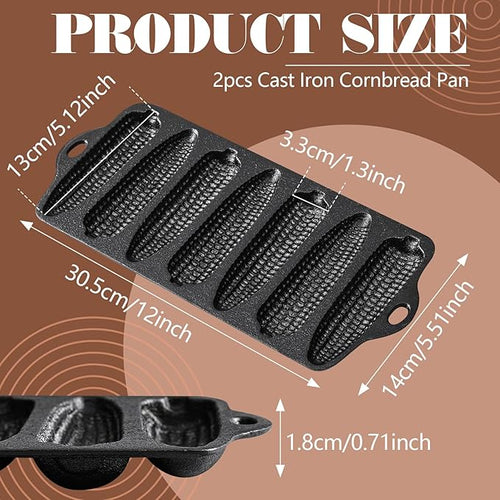 2 Pcs Cast Iron Corn stick Pan Corn Bread Molds with 7 Corncob Sticks Cornbread Loaf Cakes Corndog Baking Compatible with Oven, Stovetop, Grill, and Campfires