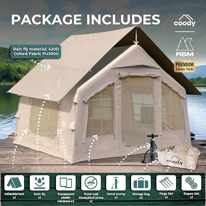 Coody Inflatable Canvas Camping Tents with Stove Jack – Premium Air Beam Family Glamping Tent, Breathable Cotton Canvas, Fast Setup Air Tent with Pump