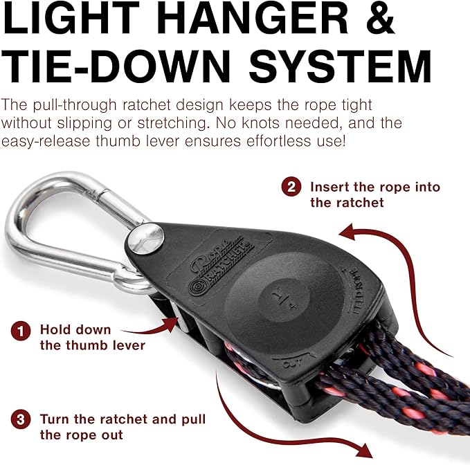 Rope Ratchet 1/4" Metal Rope Tie Down with Adjustable 8' Solid Braided Polypropylene Rope, Heavy Duty Cable Holds Up to 110 lbs Weight Capacity