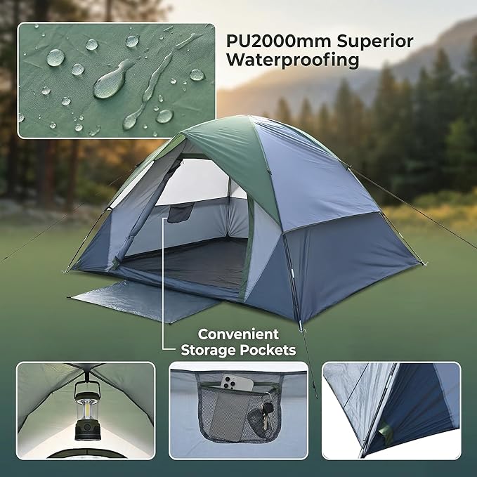 XL 4 Person Dome Camping Tent, Double Layer Waterproof, Removable Rain Fly, for Outdoor Hiking, Fishing