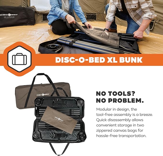 Disc-O-Bed Extra Large Outdoor Convertible 2 Person Bench and Double Camping Cot Portable Bed for Adults, Tan