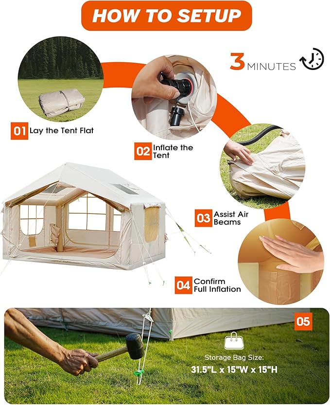 Inflatable Tent for Camping with Pump, 4-6 Person Extra-Space Blow up Tent, 420D Waterproof Oxford Glamping Air for Family, 4 Season Inflatable House