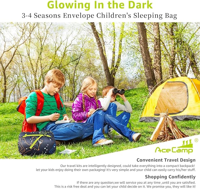 AceCamp Kids Sleeping Bag, Glow-in-The-Dark Sleeping Bag for Kids and Youth, Portable Water-Resistant Kids Sleeping Bag, Temp Rating 30F/ -1℃, for Camping, Hiking, Slumber Party