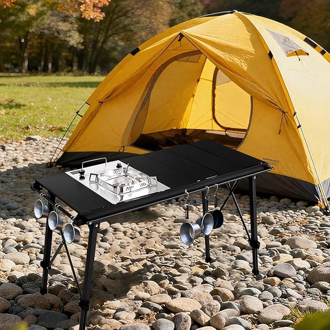 IGT Camping Table with Extended Frames, Portable and Foldable Outdoor IGT Camp Tables, Ultralight Height Adjustable Camp Table with Carry Bag for Car Camping Picnic RV Trip Patio Backyard