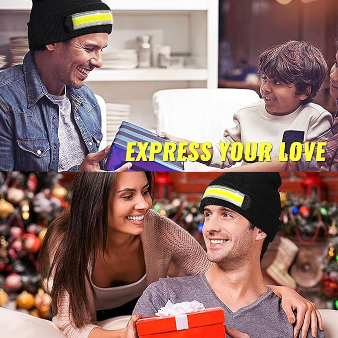 2Pack Rechargeable Headlamp Beanie, 1200Lumens LED Beanie Hat with Wide Beam Light Built-in, 6 Modes, Winter Headlight Head Lamp Beanie, Gifts for Men Dad Father Husband(Black+Black)