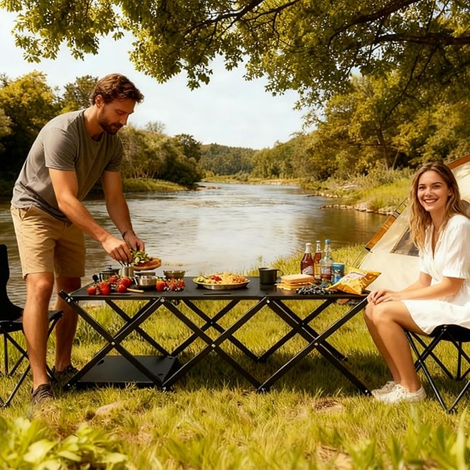 Portable Camping Table & Shelf, 2-in-1Folding Carbon Steel Picnic Rack 37" 4-Tier Storage Cook Station with 4 Hooks,Perfect for Party, Dining, Camping, BBQ, Indoor, Outdoor