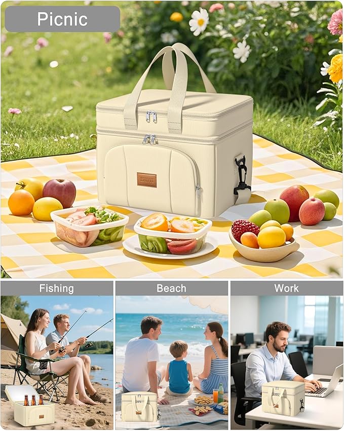 Rnivvi Lunch Box for Women, Double Decker Insulated Cooler Bag Lunch Bag Reusable Leakproof Tote Lunch Container with Strap for Work Family Picnic Camping, 18 Cans 12L, Large Adults, Apricot White