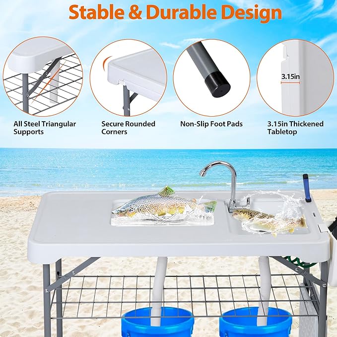 ZENY Fish Cleaning Table with Sink, 42.4" Width Portable Folding Camping Table, Outdoor Fish Cleaning Station with Grid Rack and Fish Cleaning Kit for Picnic