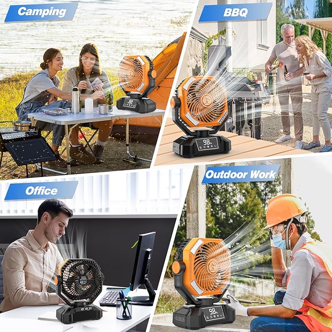 20000mAh Rechargeable Camping Fan, 5 Speed Powerful Battery Powered Fan for Camping, Oscillating Fan with LED Lantern, Portable with Timing Setting, Remote Control for Camping Hiking Fishing Jobsite