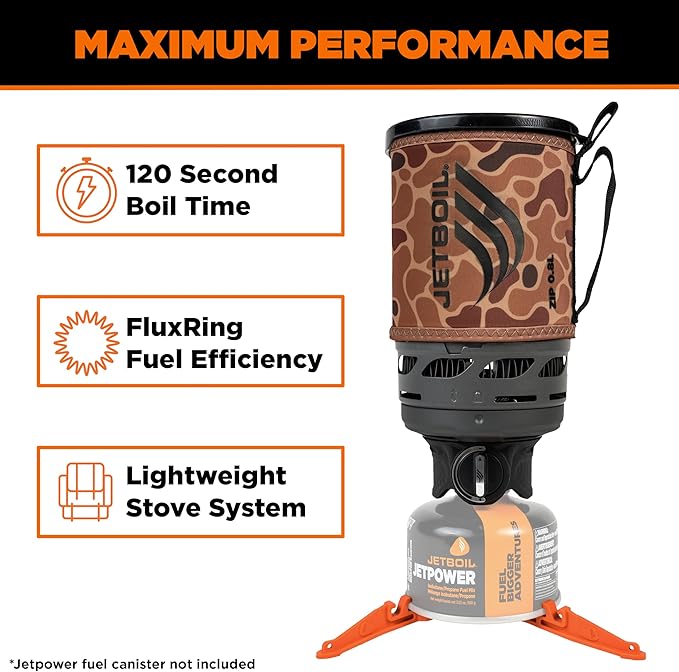 Jetboil Zip 0.8L Portable Fast Boil Stove with Easy-Turn Knob Igniter for Backpacking and Camping, Propane/Isobutane Burner