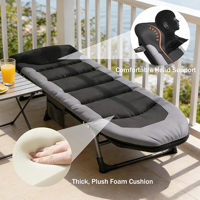 Portable Cot for Camping Adult, Folding Camping Cot with Thick Mattress, Pillow, Adjustable Cots for Sleeping with Pad, 26" Wide, for Home Office Nap Beach Travel Hiking (Gray)