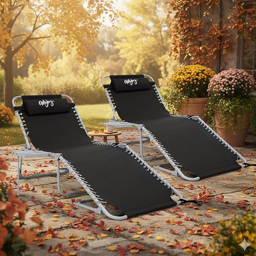 #WEJOY 2 Pack Outdoor Chaise Lounge Chair - Portable Folding Patio Pool Lounge Chair, 5 Positions Adjustable Reclining Camping Chair with Side Table,Shoulder Strap, Pillow for Beach Sunbathing Lawn