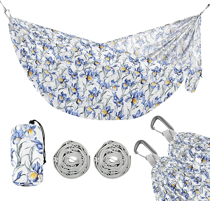 Cartoon Blue Iris Flowers Camping Hammock Cloth Hammock for Outside Patio Backyard Poolside