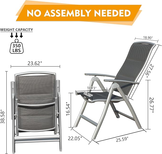 Domi Patio Folding Chairs Set of 2, Aluminium Frame Outdoor Reclining Patio Chairs for Garden Camping Poolside Beach Deck, Adjustable High Back Lawn Chairs with Soft Cotton-Padded Seat, Dark Gray