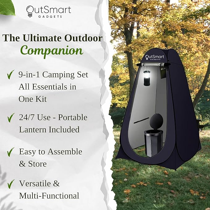 Outdoor Portable Toilet Set for Adults with Camping Night Lantern, Folding XL Toilet, Pop Up Privacy Tent and Carry Bags, Multipurpose Potty, Washable and Foldable for RV Travel