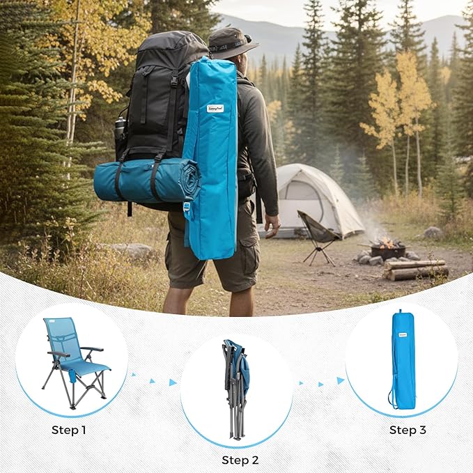 SUNNYFEEL Folding Camping Chair Outdoor Reclining Adjustable 3 Position Heavy Duty Adults 500 LBS Capacity with Hard Armrests & Cup Holder, Blue Ergonomic Chairs for Outdoor, Camp, Beach, Travel, RV