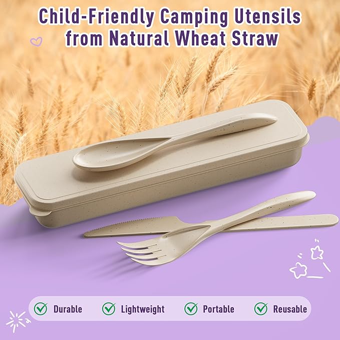 Quatish Reusable Travel Utensils with Case,4 Sets of Camping Utensils,Portable Wheat Straw Utensil (Knife, Fork, Spoon) for Lunch Box,Kitchen, Travel, Picnic & Daily Use - Easy to Clean (Multi-Color)