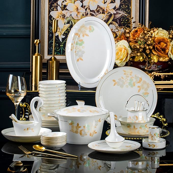 Cups and Saucers Set Nordic Ceramic Tableware Suit Glaze Dish Combination Dishes Suitable for Family Hotel Restaurant 60 Piece