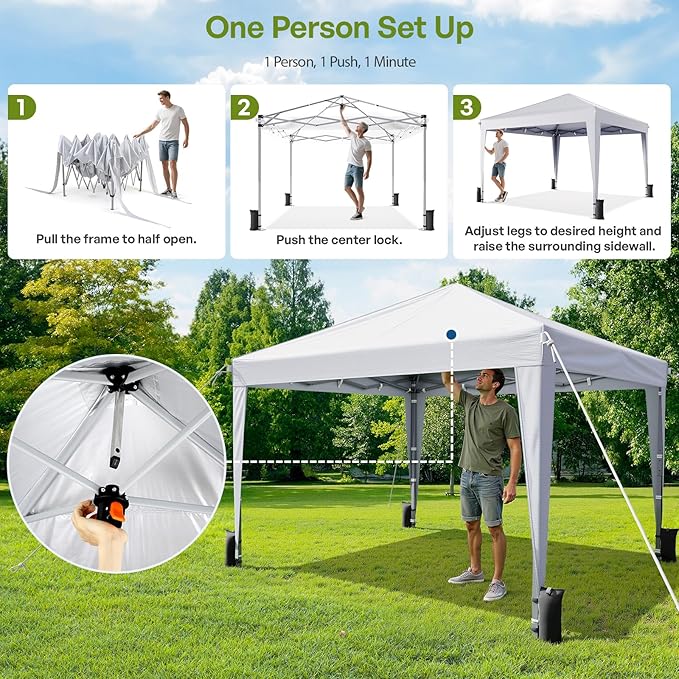 10x10 Pop Up Canopy with Sidewalls, Outdoor Instant Canopy Tent with Carry Bag for Commercial Events, Camping, Backyard Parties - White