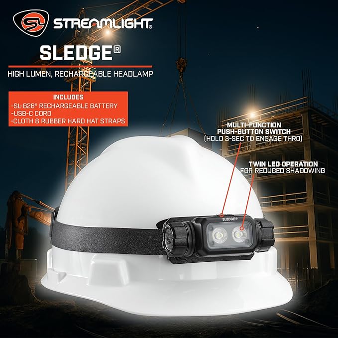 Streamlight 89019 Sledge 1000-Lumen Max 600-Lumen Standard 1800-Candela Rechargeable Low-Profile LED Headlamp with Elastic and Rubber Hard Hat Straps, Black