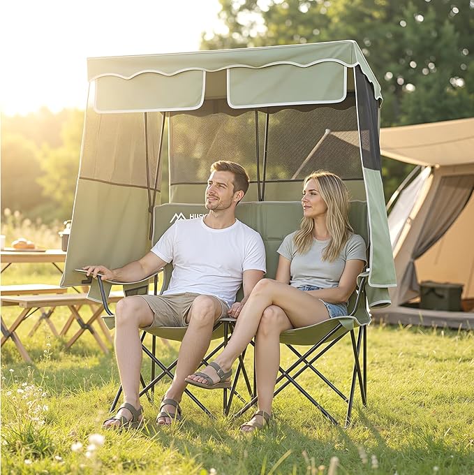 Double Camping Chair with Shade Canopy 2 Person Folding Chair with Canopy Portable Beach Chair Heavy Duty Camping Chair with Two Cup Holders and Side Pocket for Outside Camping,Beach,Sports