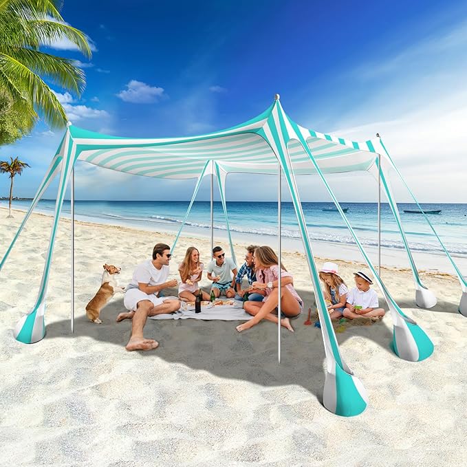 Rhino Valley Beach Tent Shade Canopy UPF50+ Protection, 8 Sandbags, 4 Stability Poles, Outdoor Sun Shelter Umbrella for Sand, Camping, Fishing Essentials