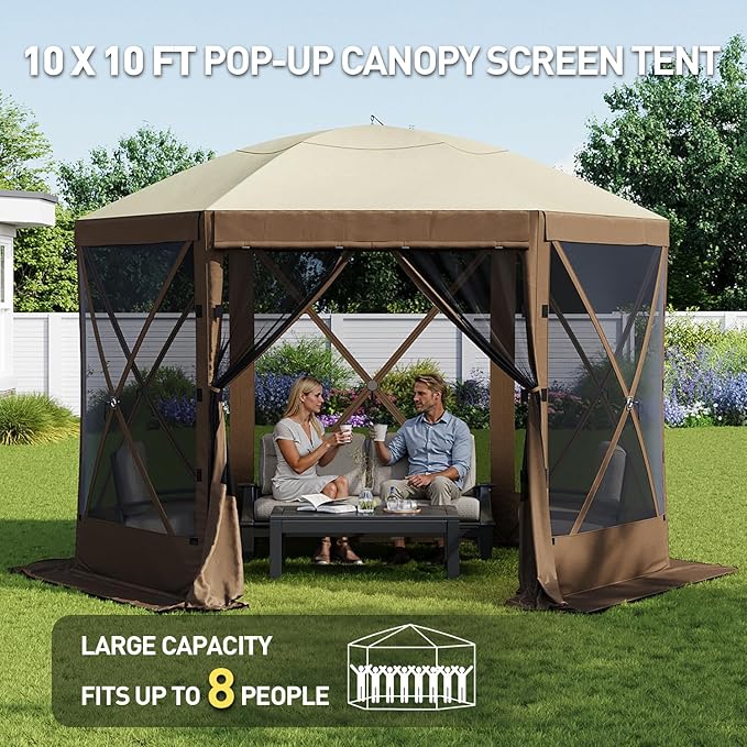 Aoxun 10x10FT Pop-up Canopy Shelter Tent, 6-Sided Canopy Tent with Carry Bag and Stakes, Screen House Sun Shelter Tents for Camping, Backyard, Patio, Lawn, Brown
