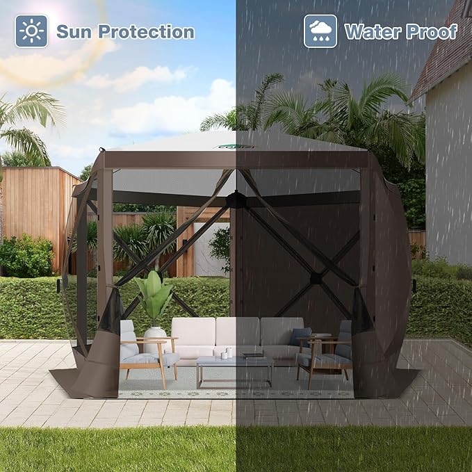 COBIZI Pop Up Gazebo Screen Tent Screen House for Camping, 10FTx10FT Screen Room with Mosquito Netting, Hub Tent Instant Screened Canopy with Carrying Bag and Ground Stakes, Brown