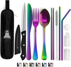 Portable Travel Silverware Set With Case, Includes 10 Pcs of Travel Utensils With Case, Stainless Steel Flatware Set For Camping, Lightweight (Multi-Color)