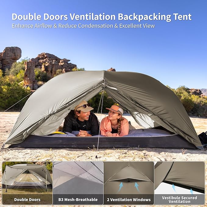Naturehike Mongar Pro 1/2/3 Person Backpacking Tent,Waterproof Nylon Easy Setup Lightweight Camping Tent