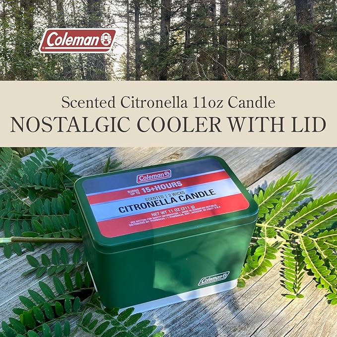 Coleman Citronella Candle 11oz – Outdoor Candle in Retro Cooler Tin – Long-Lasting Decorative Candle for Patio, Camping, Backyard, BBQ & Travel, Green