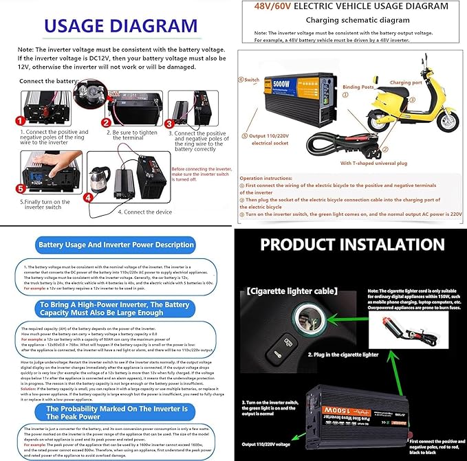 Pure Sine Wave Inverter 3000W 4000W 5000W Peak 12V 24V 48V 60V 72V DC to 110V 220V 230V 240V AC Power Solar Inverter Converter, for Off-Grid, RV, Truck, Boat, Camping, and Home(5000W,48Vto220V)