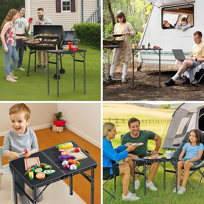 JiGiU Folding Camping Table Portable Pinic Table 3 Level Height Adjustable Aluminum Frame Small Foldable Camp Table Light Weight with Carry Handle for Outdoor Indoor Hiking Camp BBQ Beach