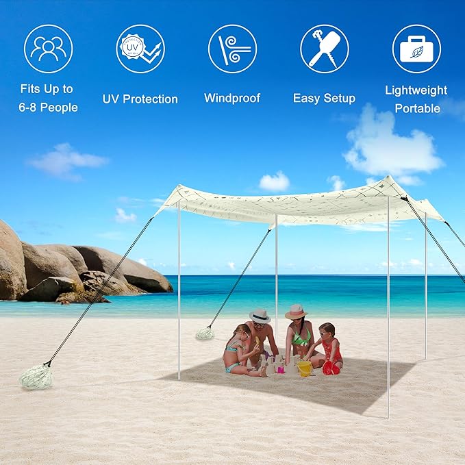 Beach Tent, Beach Canopy Sun Shade UPF 50+, Portable 10×10 FT Camping Sun Shelter with Sandbags, Poles, Ground Pegs and Anti-Wind Rope for Outdoor, Backyard, Picnics, Fishing