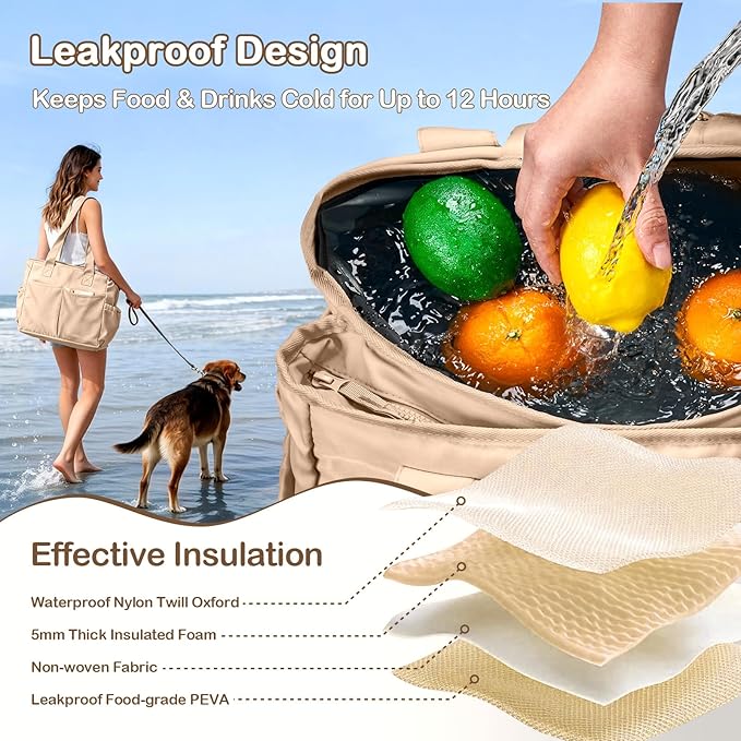 Odoland Soft Cooler Bag, Collapsible Leakproof Insulated Cooler Bag with Multi-Pocket Design, Portable Soft Side Cooler Backpack for Beach, Picnic, Camping, Travel and Daily Use for Women