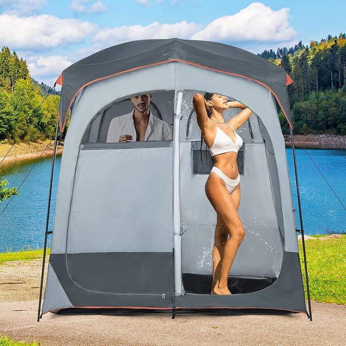 Tangkula Double Room Shower Tent, Oversize Space Privacy Tent with Floor, Removable Rain Fly, Inside Pocket, Clothesline, Top Hook, Portable Outdoor Changing Tent for Dressing, Camping, Toilet