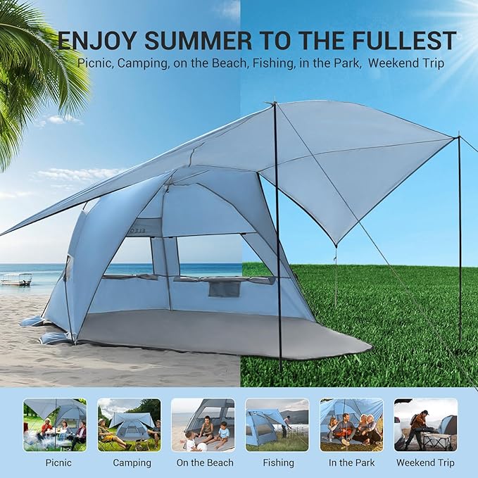 Elegear Beach Tent with Canopy, 1-Second Setup Pop Up Sun Shelter Shade, UPF 50+ UV Protection Silver-Coated Lightweight Portable Beach Cabana