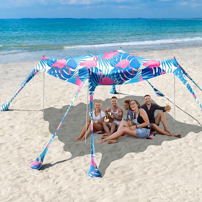 Rhino Valley Beach Tent Shade Canopy UPF50+ Protection, 8 Sandbags, 4 Stability Poles, Outdoor Sun Shelter Umbrella for Sand, Camping, Fishing Essentials
