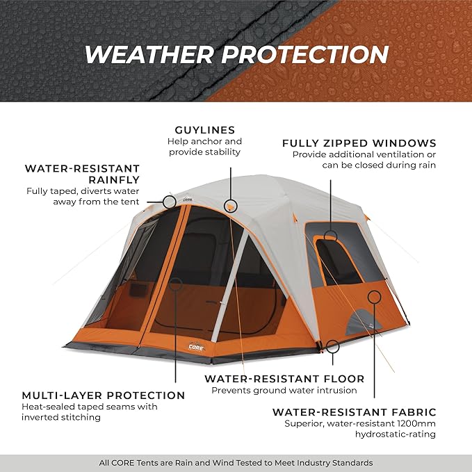 CORE Tent for Family Camping | 4 Person & 6 Person Portable Camp Tent with Carry Bag for Outdoor Car Camping | Included Gear Loft Organizer for Camp Accessories