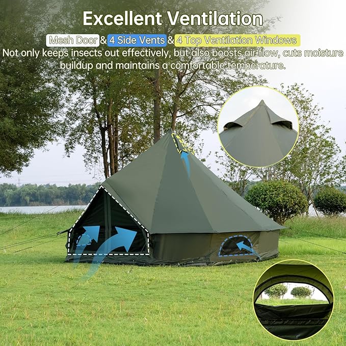 Oxford Bell Tent for Family Camping - Spacious 13.1ft /16.4ft Yurt with Stove Jack, Large Glamping Tents for 4-8 People, 4 Season Oxford Hot Tent Shelter