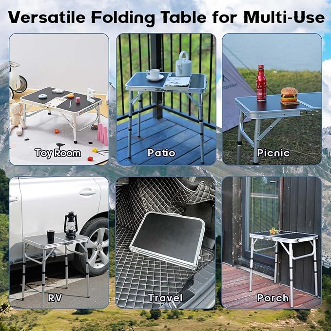 Small Folding Table, Aluminum 24" x 16" Adjustable Height Max 27.5" Folding Camping Table with Carrying Handle, Lightweight, Portable Camp Table for Outdoor Indoor Picnic Beach, Black