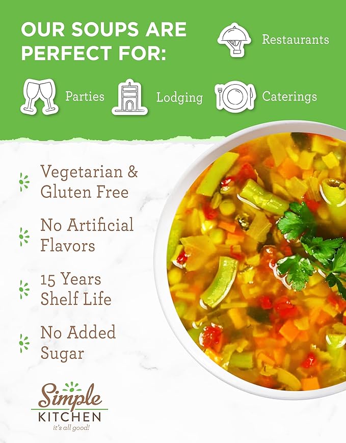 Simple Kitchen Garden Vegetable Soup Mix - 17 Servings for Meal Prep, Gluten Free, Vegetarian, Dehydrated & Freeze Dried Survival Food for Camping Meals, Backpacking & Hiking, Survival Kit, Pack of 4