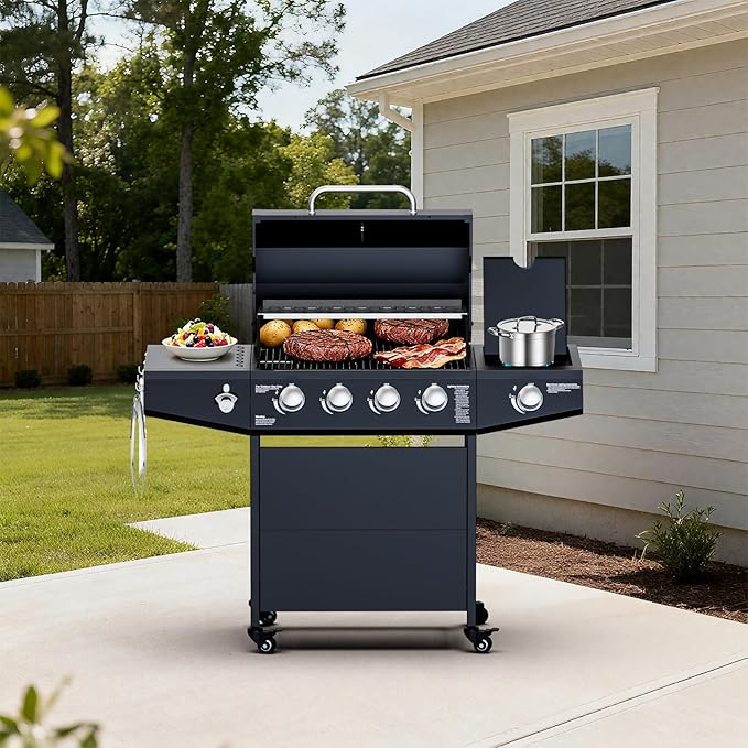 4-Burner Propane Gas Grill with Side Burner, 50,000 BTU Outdoor Gas BBQ Grill with Stainless Steel Grate, Easy-Clean Grease, Outdoor Cooking for Patio, Camping, Backyard