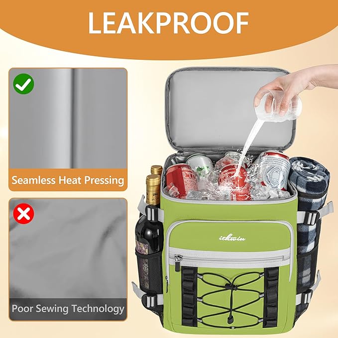 Cooler Backpack, 40 Cans Insulated Lunch Backpack Picnic Backpack for Men&Women, Durable Cooler Bag with 2 Leak Proof Compartments for Picnic, BBQ Camping, Lunch, Beach, Hiking, Green