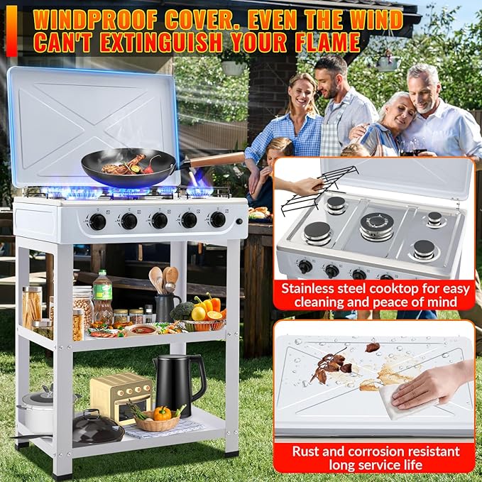 5 Burner Propane Gas Stove,400000BTU Portable Gas Stove with Support Leg Stand and Wind Blocking Cover Adapter Auto Ignition Camping Stove,propane burner for RV, Apartment, Outdoor Cooking